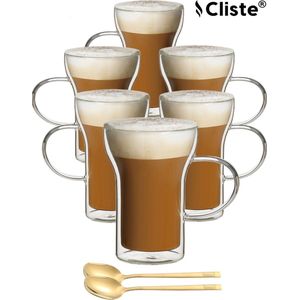 Latte Macchiato Glazen Met Oor - 400 ML - 6 Stuks - Gratis 6x Lepel - Dubbelwandige glazen - Koffieglazen - Cappuccino Glazen - Theeglazen