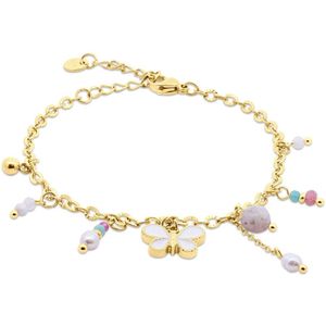 CO88 Collection - 8CB-91347 - schakelarmband vrouwen met parels, roze kralen en bedels - goudkleurig