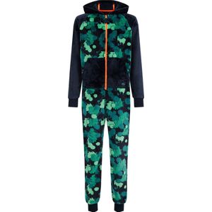 WE Fashion Fleece Onesie met All Over Print Donkerblauw/Groen