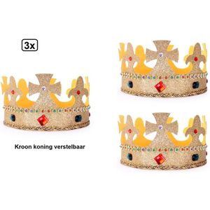3x Kroon koning verstelbaar goud glitter met stenen- King crown Festival Thema feest party hoofddeksel