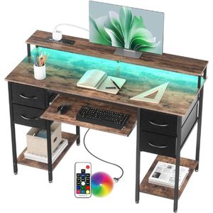 Modern Bureau Stopcontacten LED - 120x50cm Gaming Computertafel - Toetsenbordlade 4 Omkeerbare Lades - Grote Opbergruimte Boekenplank Werkstation Voor Studie Speel Werk Slaap Kamer Thuis Kantoor