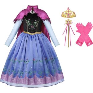Prinsessenjurk meisje - Anna jurk - Verkleedkleding meisje - Het Betere Merk - Lange roze cape - Maat 122/128 - Carnavalskleding - Kroon - Toverstaf - Lange handschoenen - Verkleedkleren - Kleed