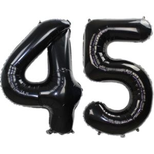 Folie Ballon Cijfer 45 Jaar Zwart Verjaardag Versiering Helium Cijfer Ballonnen Feest versiering Met Rietje - 86Cm