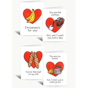 Valentijnskaarten set - Liefde - Wenskaart met envelop - Set van 4 kaarten - Woordgrapjes - Food puns - Engels - Grappig