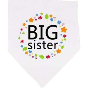 Honden bandana Big Sister wit met zwarte tekst, bloemetjes en hartjes - hond - bandana - baby - zwanger - geboorte - big sister - zus