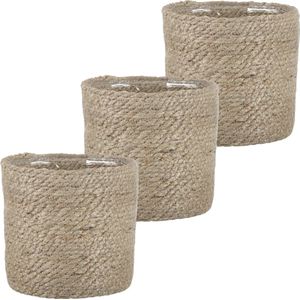 3x stuks naturel rotan planten/bloemen pot mand van gedraaid jute/riet H16 en D16 cm - Met plastic binnenkant