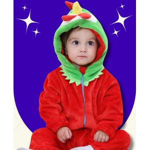 BoefieBoef Haan Dieren Onesie & Pyjama voor Baby & Dreumes en Peuter tm 18 maanden - Kinder Verkleedkleding - Dieren Kostuum Pak - Rood Groen Kip