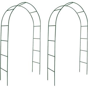 <p>Deze set van 2 hoogwaardige tuinbogen is perfect voor het ondersteunen van rozen en klimplanten en zal zeker de aandacht trekken in jouw tuin.</p>
<p>Gemaakt van duurzaam ijzer, zijn deze tuinbogen stevig genoeg om zelfs de sterkste klimplanten te ondersteunen.</p>
<p>Met een breedte van 1,4 meter en een hoogte van 2,4 meter, kun je deze tuinbogen diep genoeg in de grond plaatsen voor extra stabiliteit.</p>
<p>De installatie en montage van deze rozenboog is eenvoudig en probleemloos.</p>
<p>De levering omvat 2 stuks van deze prachtige tuinbogen.</p>
<ul>
  <li>Afmetingen: 140 x 39 x 240 cm (B x D x H)</li>
  <li>Materiaal: ijzer</li>
  <li>Kleur: donkergroen</li>
  <li>Levering bestaat uit 2 stuks</li>
</ul>