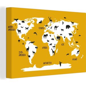 Canvas Wereldkaart - 180x120 - Wanddecoratie Wereldkaart Kinderen - Dieren - Geel