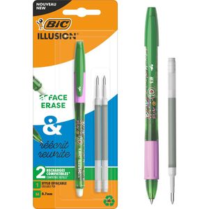 BIC Illusion Uitwisbare en navulbare balpen en navullingen - Groene inkt - verpakking met 1 pen + 2 navullingen - Medium Punt 0,7 mm