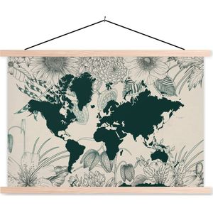 Schoolplaat - Textielposter - Wereldkaart - Bloemen - Planten - 90x60 cm - Textiel poster
