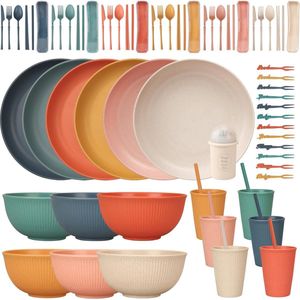 66-delige servies set - Herbruikbaar voor 6 personen - Camping serviesset - Kunststof servies - Borden, kommen, kopjes, bestek, eetstokjes - Picknick servies - Plastic serviesgoed - Lichtgewicht - Onbreekbaar - Kleurrijk