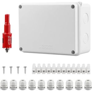 Waterdichte IP65 Aftakdoos voor vochtige ruimtes - Opbouw-aansluitdoos 150 x 110 x 70 mm (Ø 6-12 mm) met 10 x kabelschroefverbindingen en gatenzaag van 20 mm