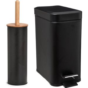Zeller Badkamer/toilet accessoires set - WC-borstel/pedaalemmer 5L- zwart - metaal/bamboe