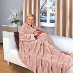 TV-deken met mouwen en voetenzak, 180 x 150 cm, knufffeldeken, vele kleuren, superzacht, flanelen microvezelfleece (roze)