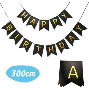 Happy Birthday Slinger - Party Banner Decoratie - Feest Letters - Letterslinger - Hangdecoratie - Verjaardag Versiering - Happy Birthday Vlaggen - Vlaggenlijn Zwart - Zwarte Slingers - Goud - XL - 300 cm