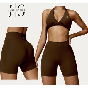 June Spring Kleding Set - Legging & Sport beha - Kleur: Bruin - Maat: L / Large - Sportlegging & Sportbh - Sportkleding - Matching Outfit - Gymwear & Yoga Kleding - Hoge Kwaliteit - Korte Legging / Short & Sport top - Gym Outfit - Luxe Sportkleding