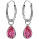 Zilveren oorbellen | Oorringen met hanger | Zilveren oorringen met hanger, druppelvormig kristal roze