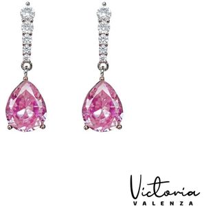 Victoria Valenza Cologne Luxe Oorbellen Dames Messing Oorhangers Dames Oorringen - Roze Steen - Kleur Zilver - 1 Paar