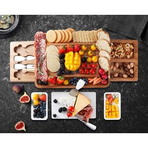 houten kaasplankenset, vierkante kaasplank met bestekset, perfecte charcuterieplank voor het serveren van hapjes en fruit (White)