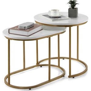 Set van 2 salontafel met marmeren look, bijzettafel hout met goudkleurige metalen poten, koffietafels set modern, rond, compact, voor woonkamer en slaapkamer, wit