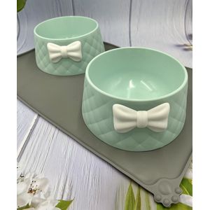 Maison Extravagante - Mochi Voerbak Hond/Kat met siliconen placemat - Set van 3 stuks - Mint groen/Grijs - Melamine - Drinkbak - Eetbak - Huisdier - Kadotip