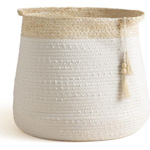 Geweven katoenen wasmand - Grote opbergmand met handvat en kwastje voor babykamer speelgoed opbergmand decoratie cadeau Wit H38 x W44 CM blanket basket