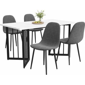 Merax Eetkamerset 5-delig - Eettafel met 4 Stijlvolle Eetkamerstoelen - Moderne Keukentafelset met Grijs Linnen Bekleding en V-vormige Zwarte Tafelpoten