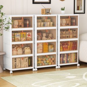 Ruesious 4 Lagen Opbergdozen - 112L Opbergdozen met deksel - Opbergkast - Opvouwbaar - Opbergkasten met deuren - Met wielen - Breedte - Opbergen - Organizer - Opruimen - Keuken - Badkamer - Woonkamer - Slaapkamer - 41 x 32 x 93 cm