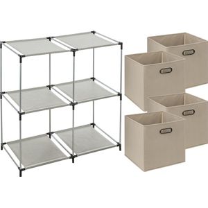 5Five Kastmandjes/opberg manden - beige - 4x stuks van 29 Liter - Metalen rekje is 67 x 68 cm