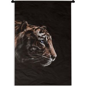 Wandkleed TijgerKerst illustraties - Kop van een tijger op een zwarte achtergrond Wandkleed katoen 90x135 cm - Wandtapijt met foto