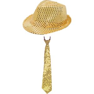 Toppers - Carnaval verkleed set - hoedje en stropdas - goud - volwassenen - glitters