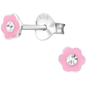 Joy|S - Zilveren bloem oorbellen - 5 mm - roze - oorknopjes voor kinderen - met kristal
