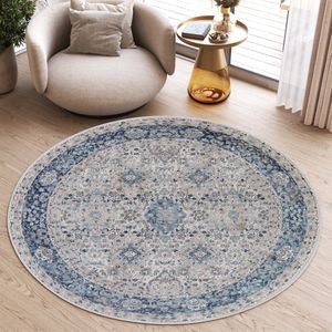 Tapiso Valley Rond Vloerkleed Blauw Laagpolig Vintage Tapijt Maat- 160x160