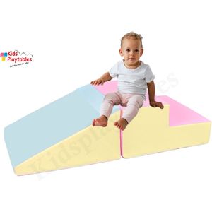 Mini glijbaan Pastel Roze-Geel-Blauw, Zachte Soft Play Foam Blokken 2-delige set | grote speelblokken | motoriek baby speelgoed | foamblokken | reuze bouwblokken | Soft play peuter speelgoed | schuimblokken