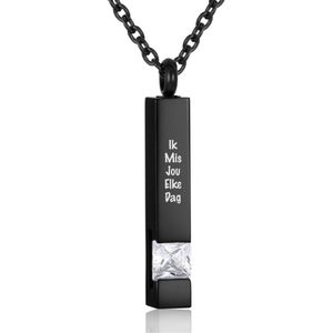 Luxe Ashanger | Met Ketting En Gravering | Ik Mis Jou Elke Dag | Assieraad | Zwart Met Witte Steen | As Ketting | Gedenksieraad | Urn | Incl. As vuller