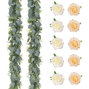 2 stuks eucalyptus slinger, kunstmatige eucalyptusplant, 1,8 m, groene slinger met zijden bloemen, kunstrozen, hangende slinger voor doe-het-zelf bruiloft, feest, huis, tuindecoratie