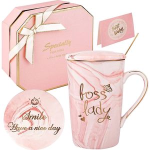 Boss Lady Cadeaus voor vrouwen Boss Lady Gifts Mok Boss Female Verjaardag Moederdagcadeaus Koffiemok 420 ml Marmer Keramiek Geschenkset (Pink Boss Lady)