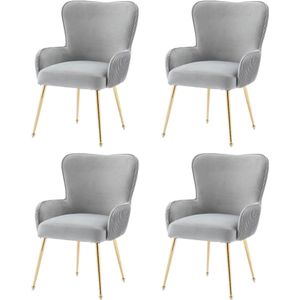 Gotagee Eetkamerstoel Set van 4 Woonkamerstoel Slaapkamerstoel Loungestoel met zilveren metalen steunpoten Armleuningstoel Lendensteun Beige fluweel