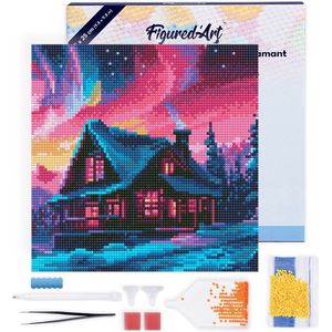 Figured'Art Mini Diamond Painting set Volwassenen 25x25 cm met lijst Huis onder de Aurora Hemel - 5D DIY Art full drill ronde diamant - Canvas al ingelijst