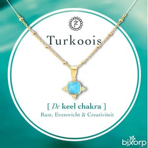 Bixorp Gems Gouden Dames Ketting met Turkoois hanger - Keel Chakra - 18 Karaat Verguld Goud & Roestvrij Staal - 36cm + 8cm verstelbaar