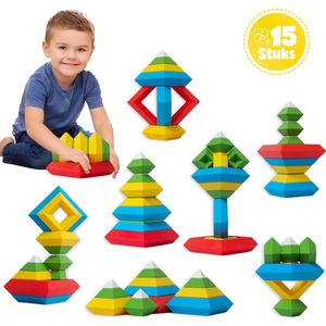 MontiPlay® Build budies 15 Stuks - Blokken toren - Educatief Speelgoed - Speelgoed Vanaf 3 jaar - Montessori Speelgoed - Stapelstenen - STEM Speelgoed - Peuter Speelgoed - Stapelspeelgoed - Sensorisch Speelgoed - Kinderspeelgoed Blokken - Puzzel