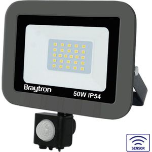 Braytron LED Buitenlamp  Schijnwerper  Breedstraler Floodlight - Met Bewegingssensor , Met Dag en Nacht Sensor-Grijs  -Waterdicht IP54 -50W -6500K Koel wit licht