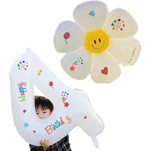 LoHa party®Daisy Folie ballonnen Set-XXL Cijfer Folie Ballon4-Instagram-Tik Tok-Happy Birthday Sticker -Bloem ballon-Wit-Helium Ballonnen-Bruiloft-Verjardaag-Baby shower-Feestpakket-Viesering-Decoratie-4Stuks