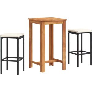 The Living Store 3-delige Tuinbarset massief acaciahout en poly rattan zwart - Tuinbarset - Acacia Hout - Barstoelen - Buitendineren - Tuinset