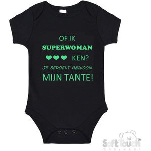 100% katoenen Romper ""Of ik Superwoman ken Je bedoelt gewoon mijn tante"" Unisex Katoen Zwart/mint Maat 62/68