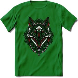 Vos - Dieren Mandala T-Shirt | Rood | Grappig Verjaardag Zentangle Dierenkop Cadeau Shirt | Dames - Heren - Unisex | Wildlife Tshirt Kleding Kado | - Donker Groen - 3XL