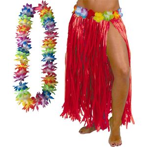 Hawaii verkleed hoela rokje en bloemenkrans met led - volwassenen - rood - tropisch themafeest