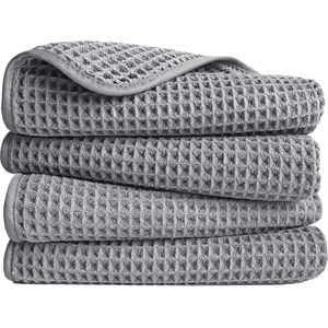 Pluisvrije microvezel handdoeken 40 x 76 cm - 4 stuks grijs wafelweefsel