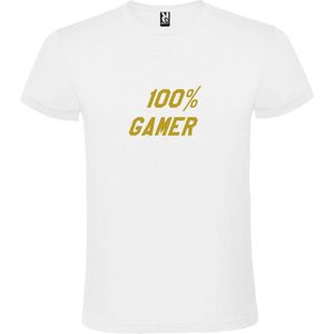 Wit T-Shirt met “ 100 % Gamer “ afbeelding Goud Size XXXL
